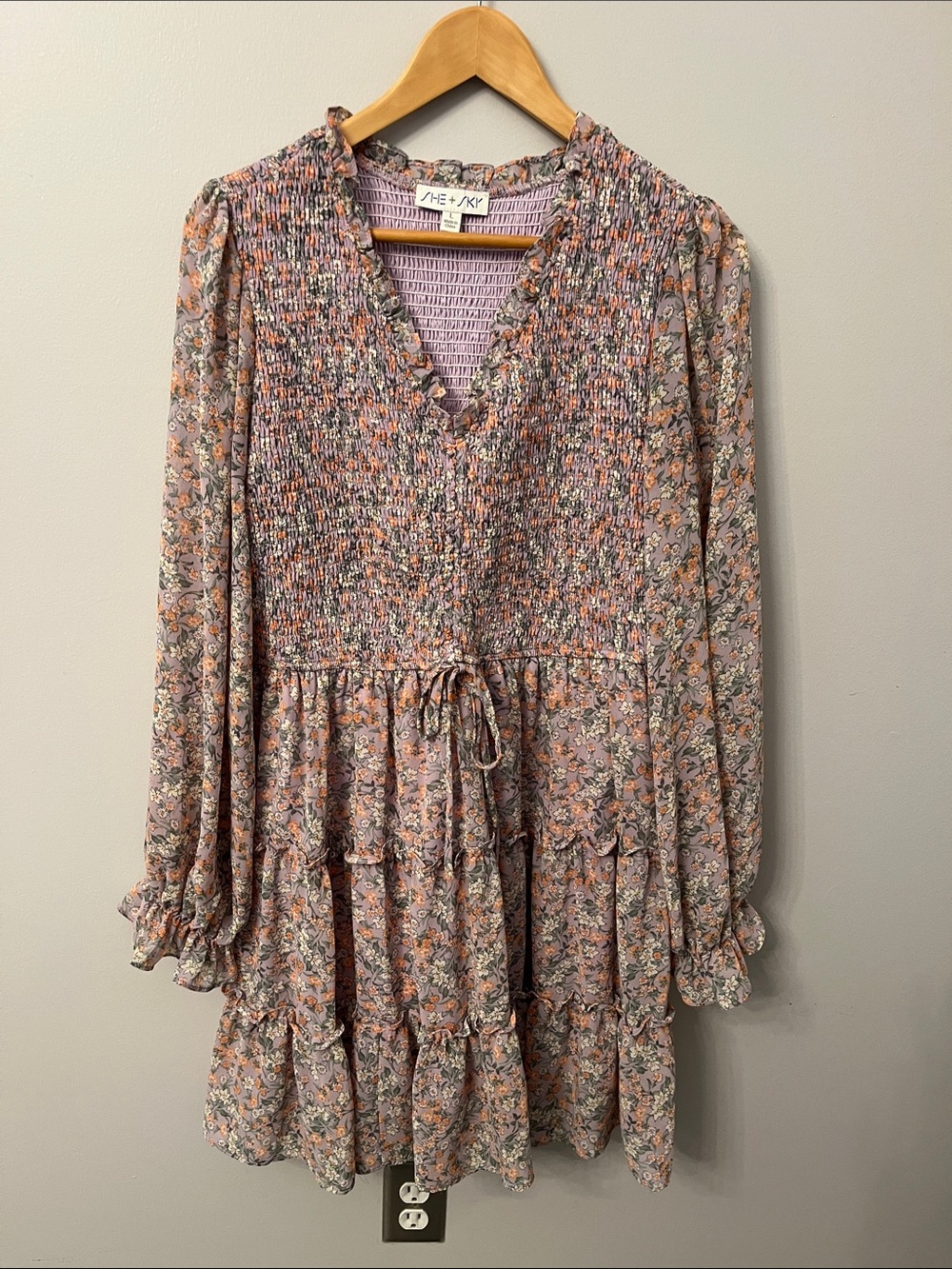 She and Sky Floral Smocked Mini Dress in Lavender and Peach